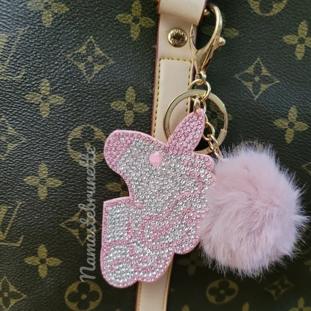 Rhinestone Unicorn Pom Pom Keychain Bag Charm - Picture 6 of 11